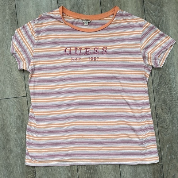 Guess Women’s Spell Out Tee Shirt Small Striped - Picture 1 of 4